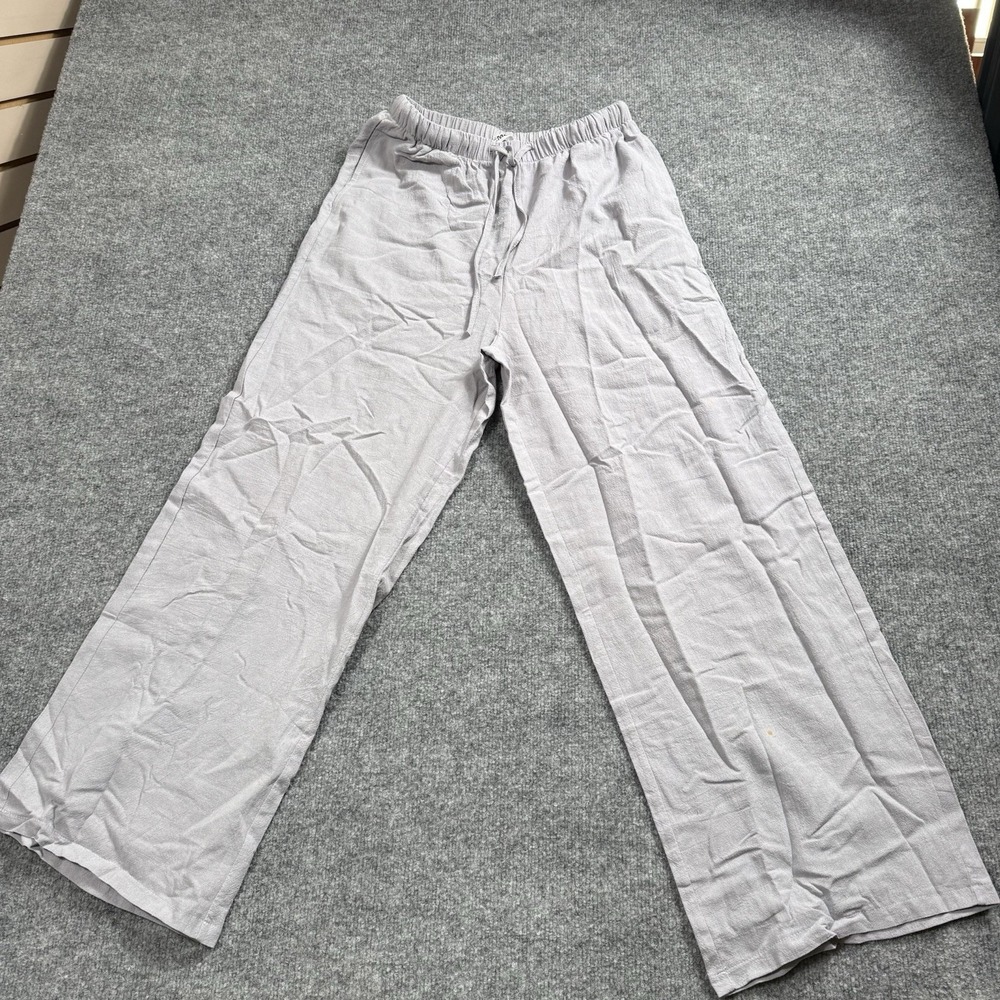 Temofon Gray Linen Blend Wide Leg Pants Drawstock Elastic Waist Casual Lounge S